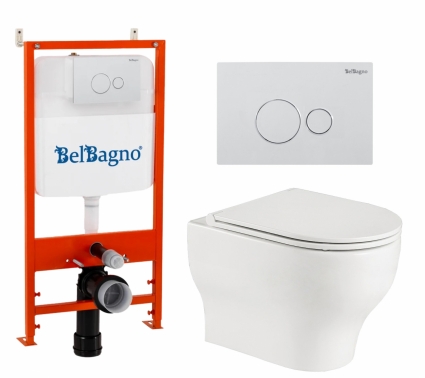 Комплект 3 в 1 инсталляция BelBagno BB026/BB082BL + Подвесной унитаз WeltWasser Erlenbach 004 GL-WT + кнопка белая глянцевая