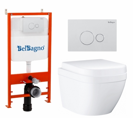 Комплект 3 в 1 инсталляция BelBagno BB026/BB082BL + Унитаз подвесной Grohe Euro Ceramic 39206000 + кнопка белая глянцевая