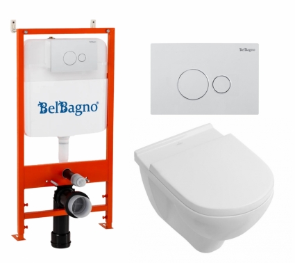 Комплект 3 в 1 инсталляция BelBagno BB026/BB082BL + Унитаз подвесной Villeroy & Boch O Novo + кнопка белая глянцевая