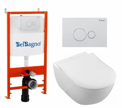 Комплект 3 в 1 инсталляция BelBagno BB026/BB082BL + Унитаз подвесной Villeroy & Boch Subway 2.0 5614R201 + кнопка белая глянцевая