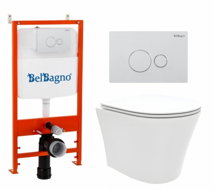 Комплект 3 в 1 инсталляция BelBagno BB026/BB082BL + Унитаз подвесной Enio Neo EN5370588 + кнопка белая глянцевая