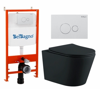 Комплект 3 в 1 инсталляция BelBagno BB026/BB082BL + Унитаз подвесной AQUATEK Вега AQ1905-MB + кнопка белая глянцевая