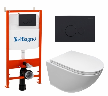Комплект 3 в 1 инсталляция BelBagno BB026/BB084NERO + Подвесной безободковый унитаз CeruttiSpa Sella aria CT7183 + кнопка черная матовая 