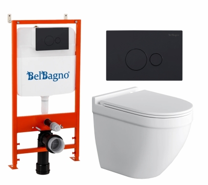 Комплект 3 в 1 инсталляция BelBagno BB026/BB084NERO + Унитаз подвесной Grossman GR-4483S + кнопка черная матовая 