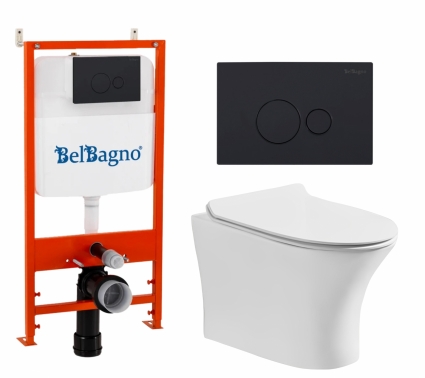Комплект 3 в 1 инсталляция BelBagno BB026/BB084NERO + Подвесной безободковый унитаз CeruttiSpa Bernina aria CT7191 + кнопка черная матовая 
