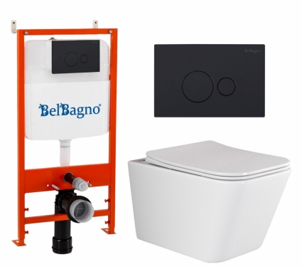 Комплект 3 в 1 инсталляция BelBagno BB026/BB084NERO + Унитаз подвесной Ceramica Nova Metric Rimless CN3007 + кнопка черная матовая 