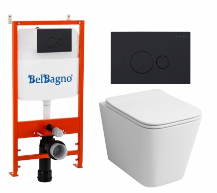 Комплект 3 в 1 инсталляция BelBagno BB026/BB084NERO + Унитаз подвесной Grossman GR-4441S + кнопка черная матовая 