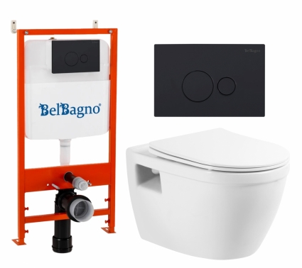 Комплект 3 в 1 инсталляция BelBagno BB026/BB084NERO + Унитаз подвесной BelBagno Loto BB070CHR/SC + кнопка черная матовая 