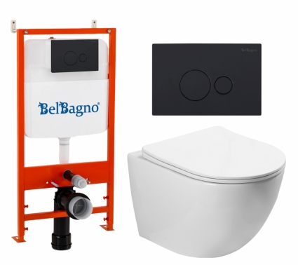 Комплект 3 в 1 инсталляция BelBagno BB026/BB084NERO +  Унитаз подвесной SantiLine SL-5005 + кнопка черная матовая 