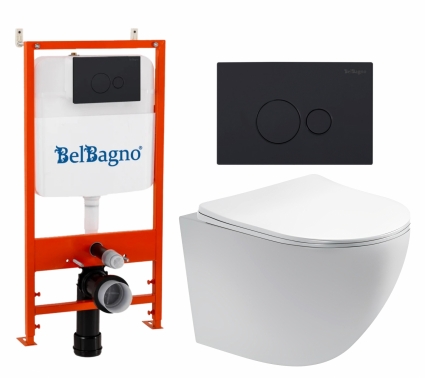 Комплект 3 в 1 инсталляция BelBagno BB026/BB084NERO + Унитаз подвесной Акватек Европа AQ1900-00 + кнопка черная матовая 