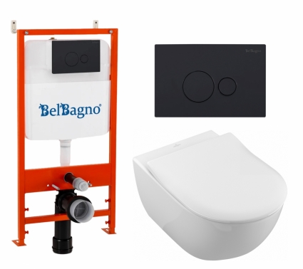 Комплект 3 в 1 инсталляция BelBagno BB026/BB084NERO + Унитаз подвесной Villeroy & Boch Subway 2.0 5614R201 + кнопка черная матовая 