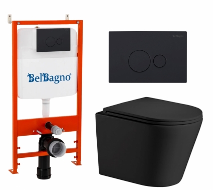 Комплект 3 в 1 инсталляция BelBagno BB026/BB084NERO + Подвесной унитаз WeltWasser Salzbach 043 MT-BL + кнопка черная матовая 