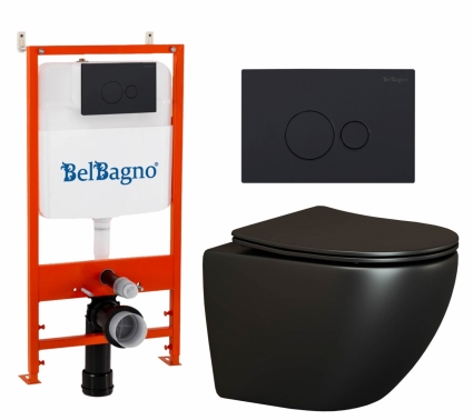 Комплект 3 в 1 инсталляция BelBagno BB026/BB084NERO + Унитаз подвесной Ceramica Nova Metropol CN4002MB + кнопка черная матовая 