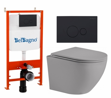 Комплект 3 в 1 инсталляция BelBagno BB026/BB084NERO + Унитаз подвесной Weltwasser WW Merzbach 043 MT-GR + кнопка черная матовая 