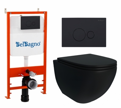 Комплект 3 в 1 инсталляция BelBagno BB026/BB084NERO + Унитаз подвесной Enio Unico BL EN4105055 + кнопка черная матовая