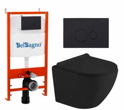 Комплект 3 в 1 инсталляция BelBagno BB026/BB084NERO + Унитаз подвесной Timo Kulo TK-403MB + кнопка черная матовая