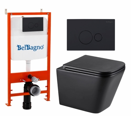 Комплект 3 в 1 инсталляция BelBagno BB026/BB084NERO + Унитаз подвесной Lemark Florex 9612002 + кнопка черная матовая