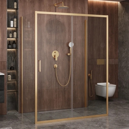 Душевой уголок Cezares Molveno AH 12 160+90 C BORO IV, 160х90 см, профиль брашированное золото, стекло прозрачное, прямоугольный, двери раздвижные