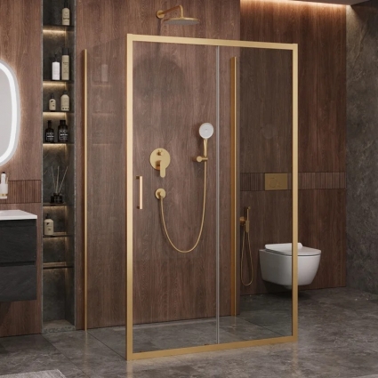 Душевой уголок Cezares Molveno AH 12 140+90 C BORO IV, 140х90 см, профиль брашированное золото, стекло прозрачное, прямоугольный, двери раздвижные