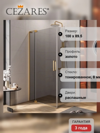 Душевой уголок Cezares Slider AH 1 90-90/100 GRIGIO BORO, профиль брашированное золото, стекло серое, прямоугольный, двери распашные