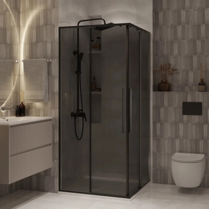 Душевой уголок Niagara Nova NG-2824-34BLACK, 100x100, профиль черный матовый, стекло тонированное, квадратный, двери раздвижные
