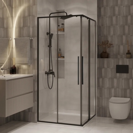 Душевой уголок Niagara Nova NG-6822-34BLACK, 80x80, профиль черный матовый, стекло прозрачное, квадратный, двери раздвижные