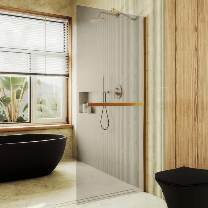 Душевая перегородка Maybahglass MGD-709-3ш, 109 см, профиль золото, стекло бронза в современном стиле