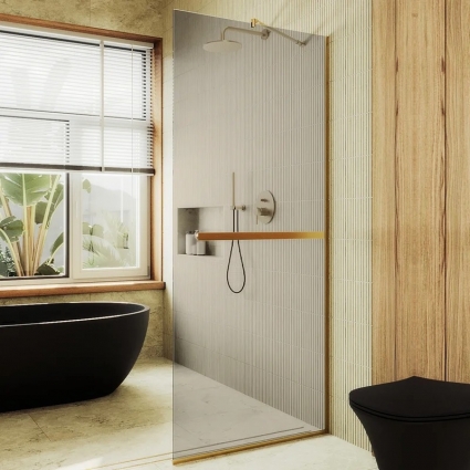 Душевая перегородка Maybahglass MGD-709-3у, 109 см, профиль золото, стекло бронза в современном стиле