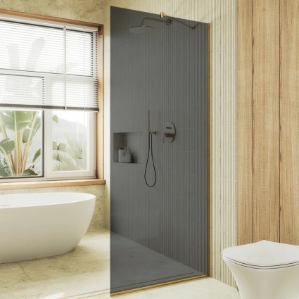 Душевая перегородка Maybahglass MGD-681-3у, 109 см, профиль золото, стекло графит в современном стиле