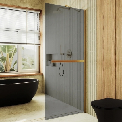 Душевая перегородка Maybahglass MGD-735-3ш, 89 см, профиль золото, стекло графит в современном стиле