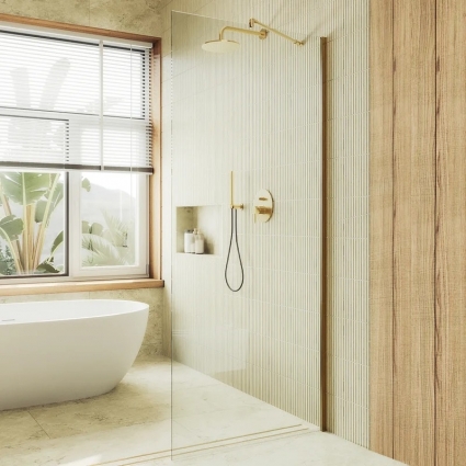 Душевая перегородка Maybahglass MGD-677-3ш, 109 см, профиль золото, стекло прозрачное в современном стиле