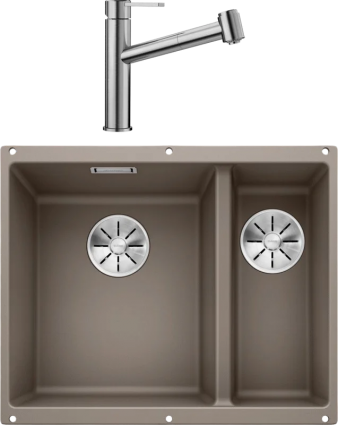 Комплект Мойка Blanco Subline 340/160-U серый беж, левая + Смеситель Ambis-S 523119, матовая, прямоугольная