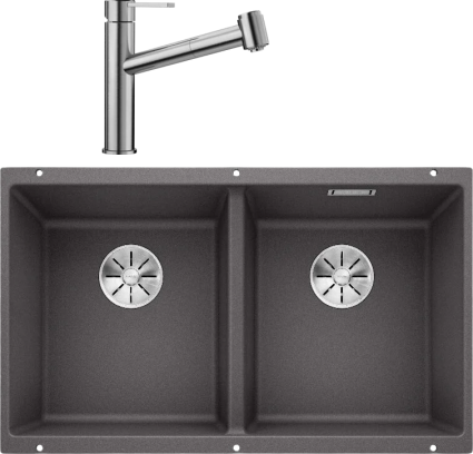 Комплект Мойка Blanco Subline 350/350-U темная скала + Смеситель Ambis-S 523119 матовая, прямоугольная