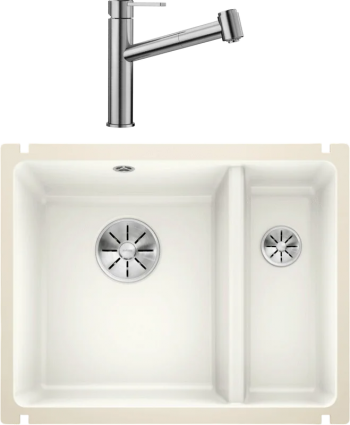 Комплект Мойка Blanco Subline 350/150-U глянцевая белая, с отводной арматурой InFino + Смеситель Ambis-S 523119, прямоугольная