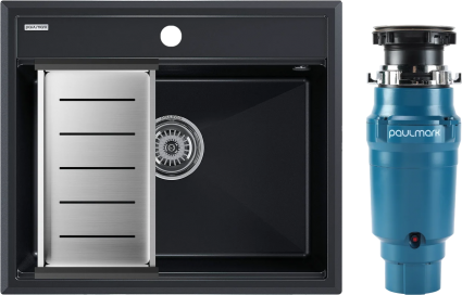 Комплект Мойка Paulmark Stepia PM115951-BLM+A375-BS с коландером, черный металлик + Измельчитель Intenso I-400, матовая, прямоугольная