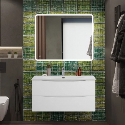 Мебель для ванной комнаты BelBagno Marino-cer-n 100, подвесная, bianco lucido, глянцевая, с ящиками