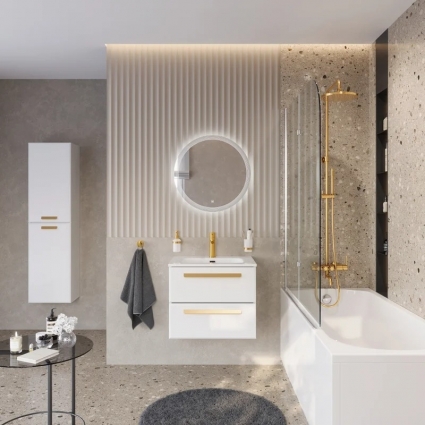 Мебель для ванной комнаты Cezares Eco Cer-N 60, bianco lucido, раковина Eco 60, ручки сатиновое золото, подвесная, глянцевая