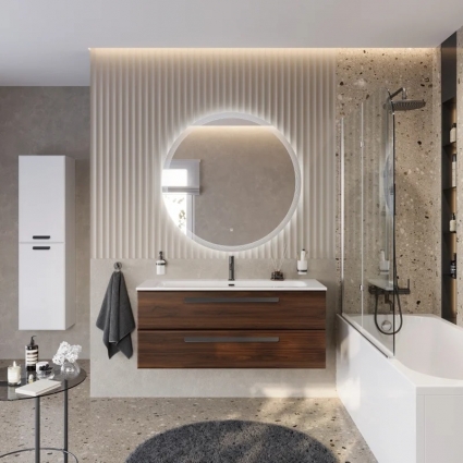 Мебель для ванной комнаты Cezares Eco Cer-N 120, орех шоколад софт, раковина Eco 120, ручки матовые черные, подвесная, с ящиками