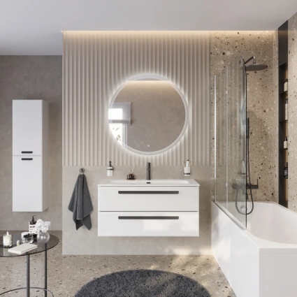 Мебель для ванной комнаты Cezares Eco Cer-N 100, bianco opaco, раковина Eco 100, ручки матовые черные, подвесная, с ящиками
