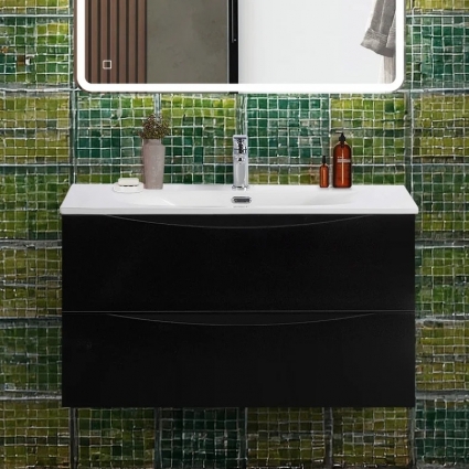 Тумба под раковину BelBagno Marino-cer-n 90 подвесная, nero lucido, матовая, с ящиками
