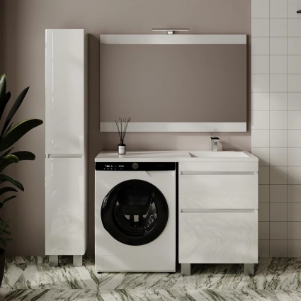Мебель для ванной комнаты Style Line Даллас Леон 120 R, Люкс Plus напольная, белая, для стиральной машины, 2 ящика, глянцевая, с доводчиками