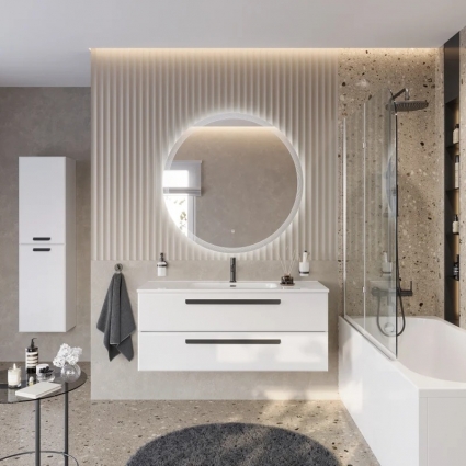 Мебель для ванной комнаты Cezares Eco Cer-N 120, bianco opaco, раковина Duet 120, ручки матовые черные, подвесная, с ящиками