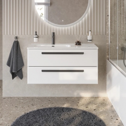 Тумба под раковину Cezares Eco Cer-N 100 L, bianco lucido, без ручек, подвесная, глянцевая