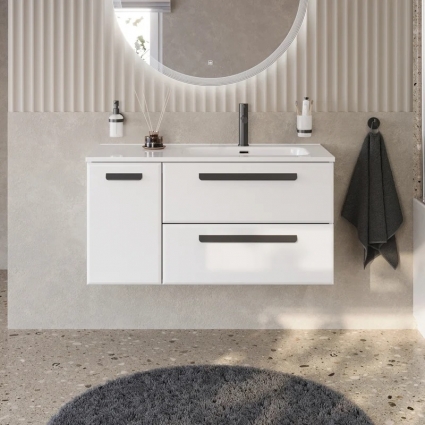 Тумба под раковину Cezares Eco Cer-N 100 R, 2 ящика, 1 дверца, bianco lucido, без ручек, подвесная, глянцевая