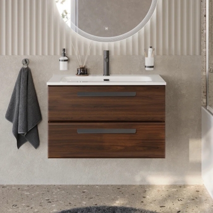 Тумба с раковиной Cezares Eco Cer-N 80, орех шоколад софт, раковина Eco 80, ручки матовые черные, подвесная, с ящиками