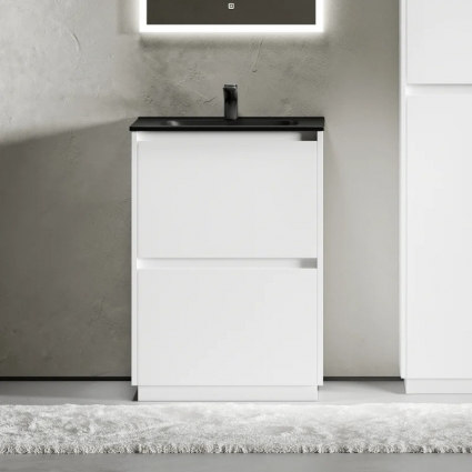 Тумба с раковиной Sancos Libra Floor 60, белый глянец, черная раковина CN7001MB, напольная, с ящиками