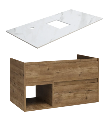 Тумба под раковину со столешницей STWORKI Карлстад 90 дуб рустикальный, монте тиберио, с отверстием для смесителя, подвесная, матовая