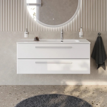 Тумба с раковиной Cezares Eco Cer-N 120 R, bianco lucido, раковина Duet 120 R, ручки сатин, подвесная, глянцевая