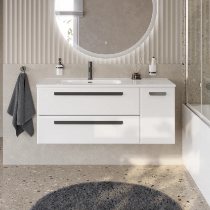 Тумба под раковину Cezares Eco Cer-N 120 L, 2 ящика, 1 дверца, bianco lucido, без ручек, подвесная, глянцевая