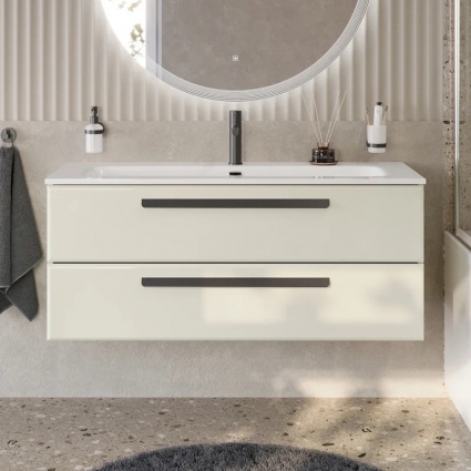 Тумба с раковиной Cezares Eco Cer-N 120, брашированная альпака, раковина Eco 120, ручки матовые черные, подвесная, с ящиками